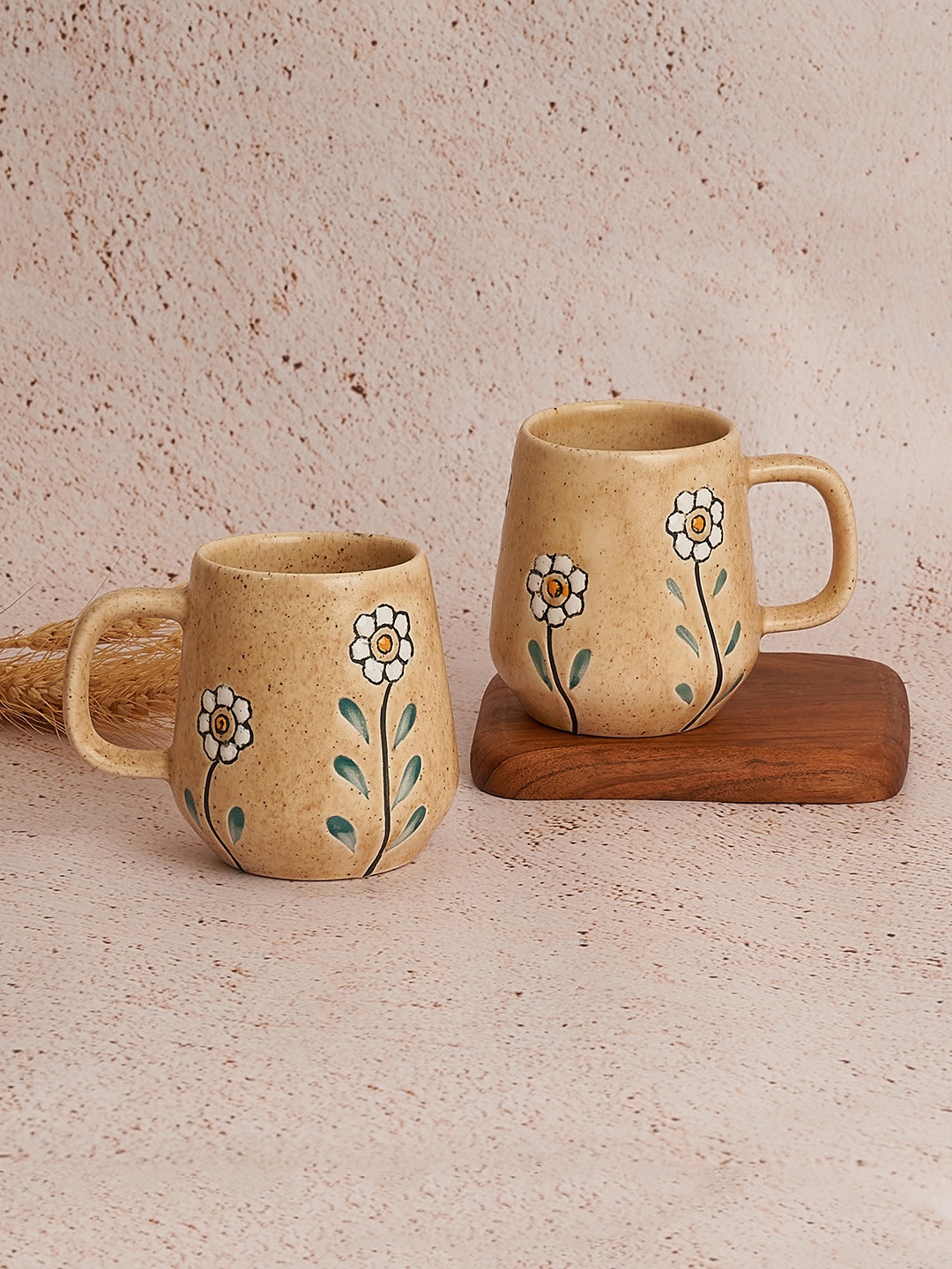 

NURTURE INDIA Beige & White 2 Pieces Printed Ceramic Glossy Mugs 300 ml
