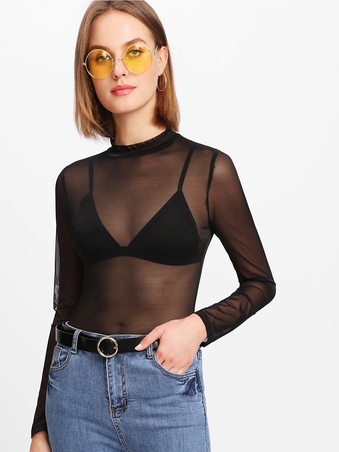 

AAHWAN High Neck Sheer Solid Top, Black