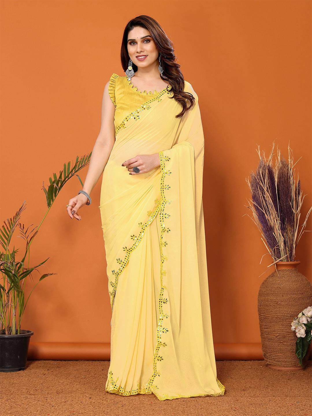

KAZIA Mirror Work Pure Georgette Saree, Yellow