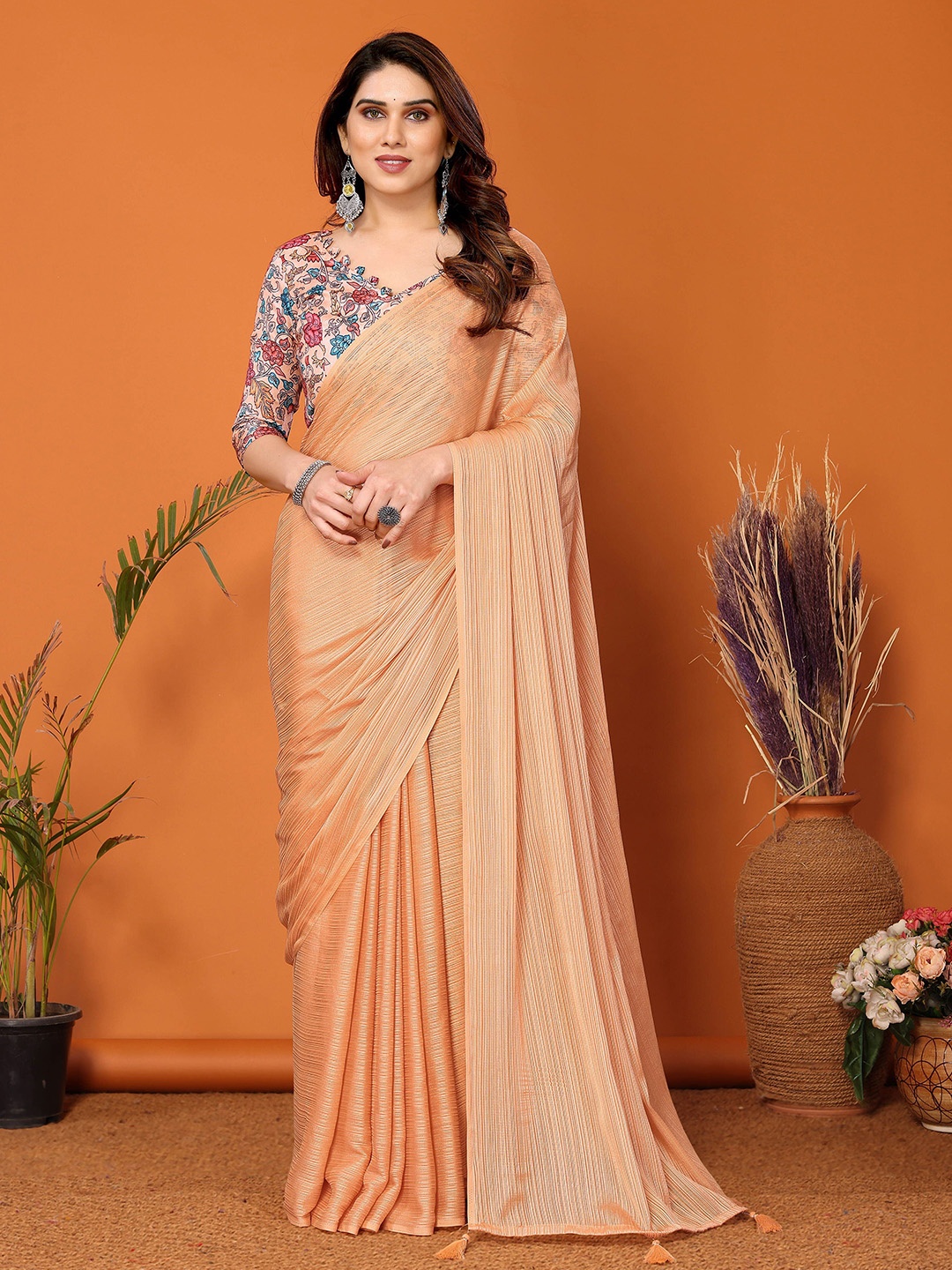 

KAZIA Striped Satin Saree, Orange