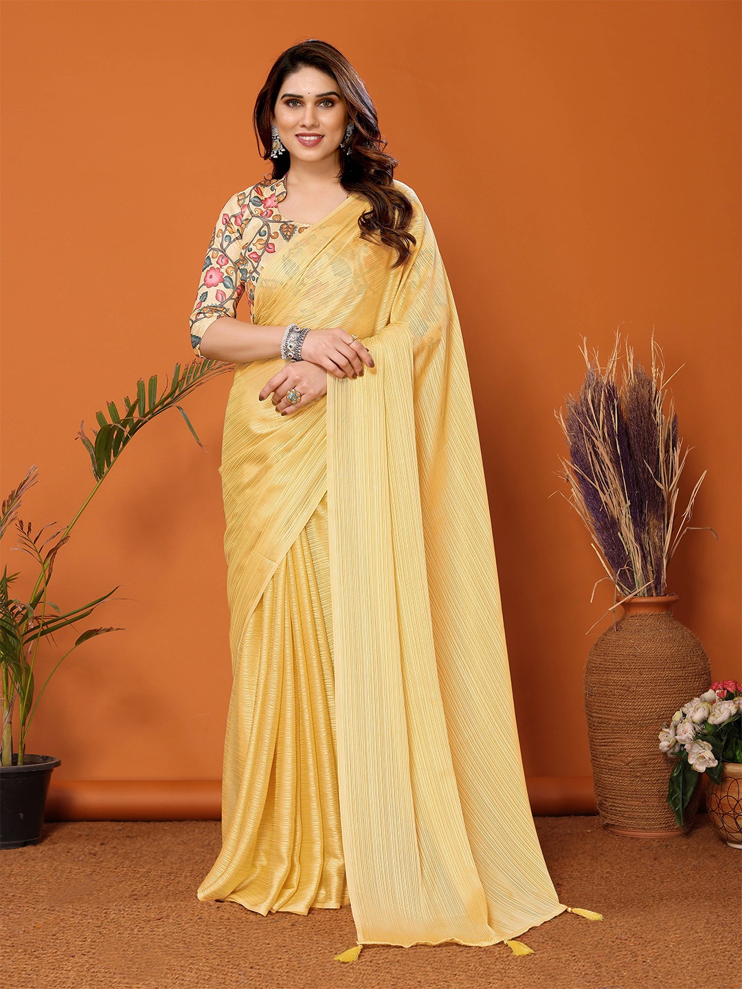 

KAZIA Striped Satin Saree, Yellow