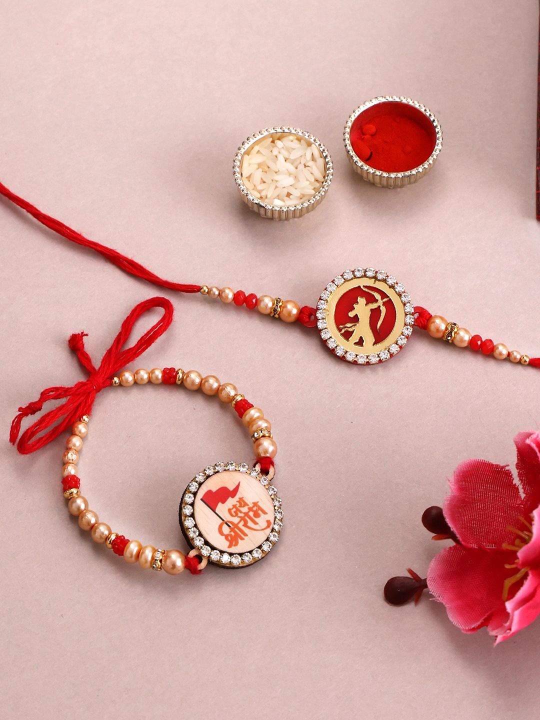 

PANASH Set Of 2 Gold Plated Beads & Stone Studded Rakhis With Roli Chawal