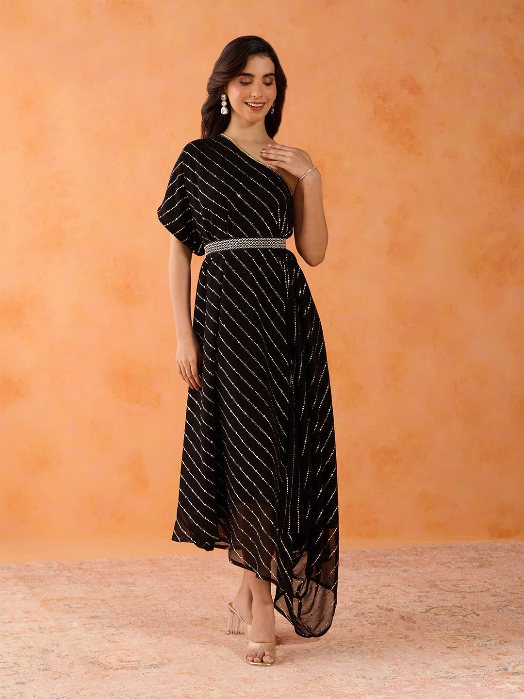

Gajra Gang Striped One Shoulder Georgette Maxi Dress, Black