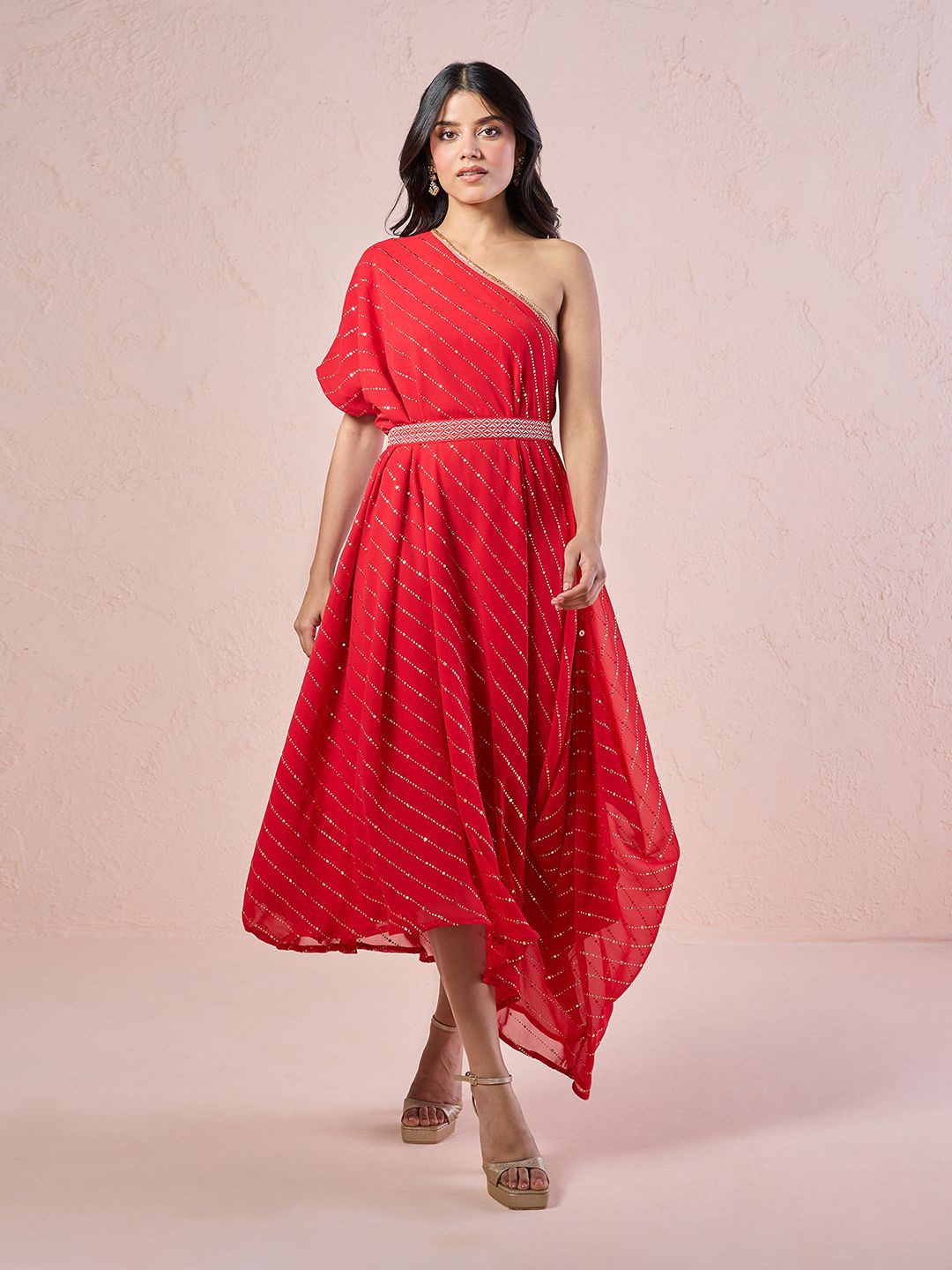 

Gajra Gang Georgette Fit & Flare Midi Dress, Red