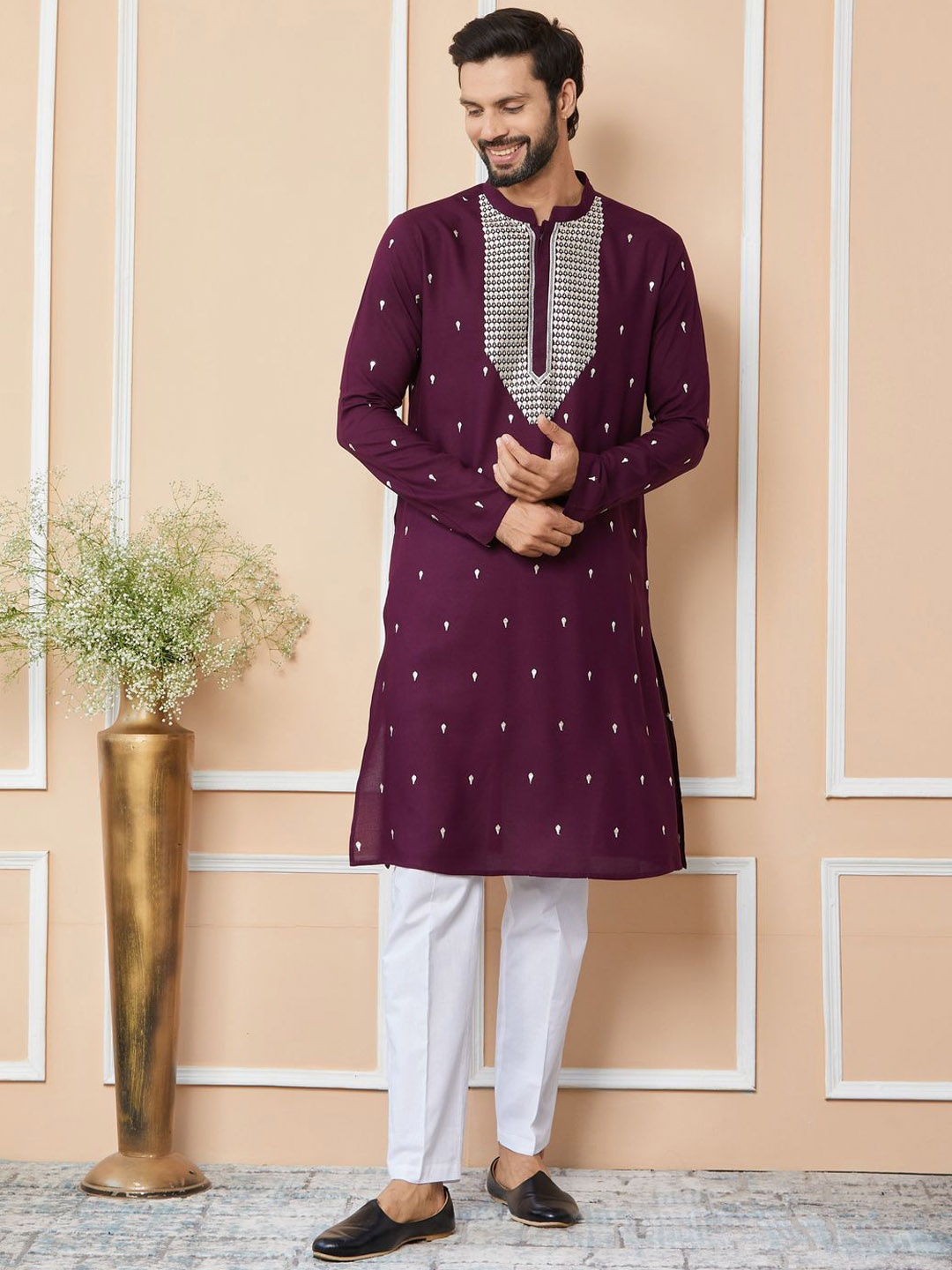 

See Designs Floral Embroidered Regular Sequinned Kurta with Pyjamas, Purple