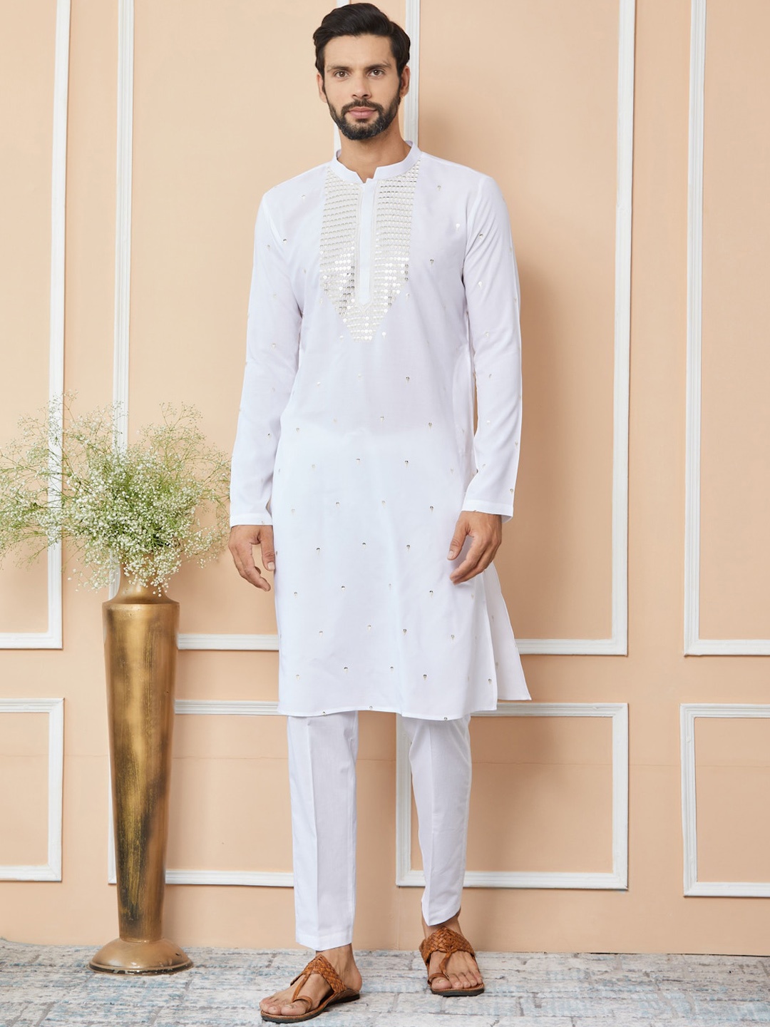 

See Designs Embroidered Regular Sequinned Kurta with Pyjamas, White