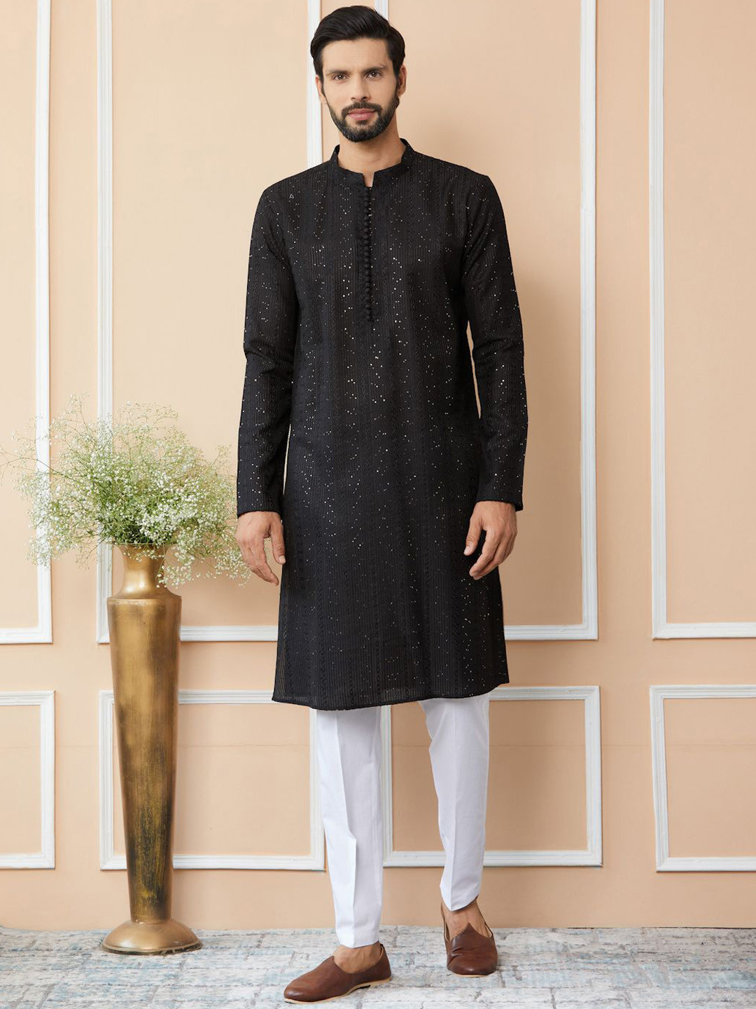 

See Designs Embroidered Regular Sequinned Chanderi Silk Kurta with Pyjamas, Black