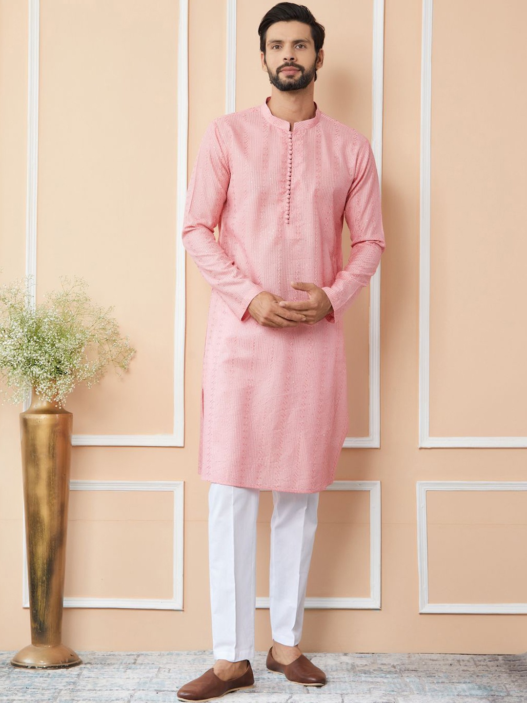 

See Designs Embroidered Regular Sequinned Chanderi Silk Kurta with Pyjamas, Pink