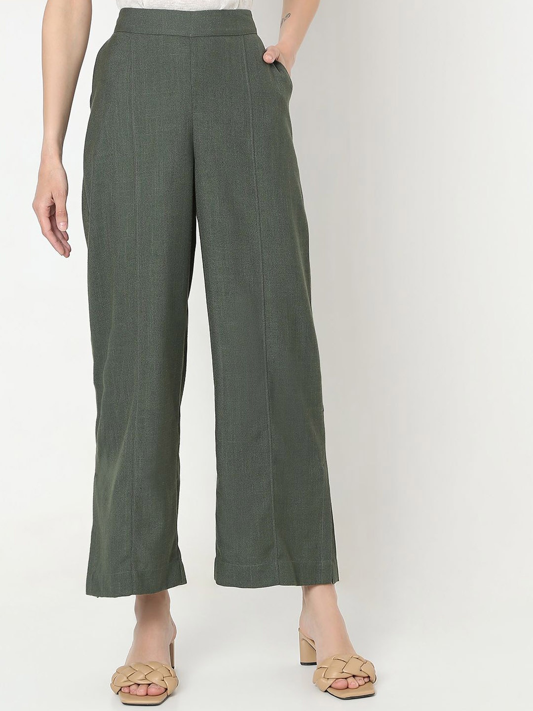 

Vero Moda Women High-Rise Straight Leg Relaxed Straight Fit Trousers, Green
