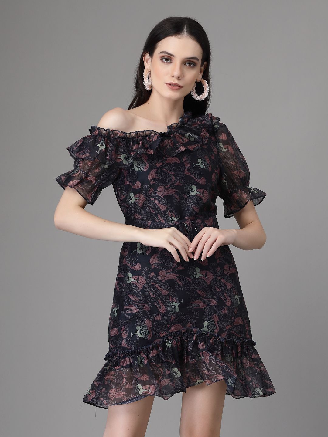 

Global Republic Floral Print Off-Shoulder Bell Sleeve Sheath Dress, Navy blue