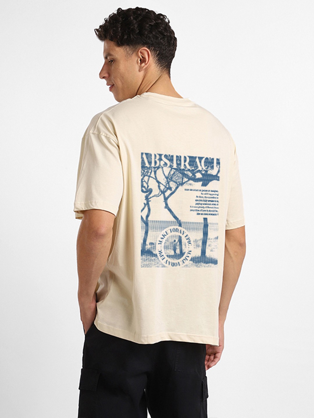 

NOBERO Men Graphic Printed Round Neck Pure Cotton Oversized T-shirt, Beige
