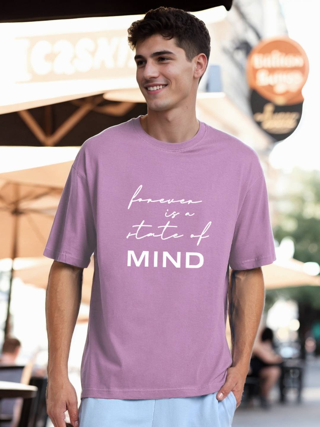 

NOBERO Men Typography Printed Pure Cotton Round Neck Oversized T-shirt, Purple