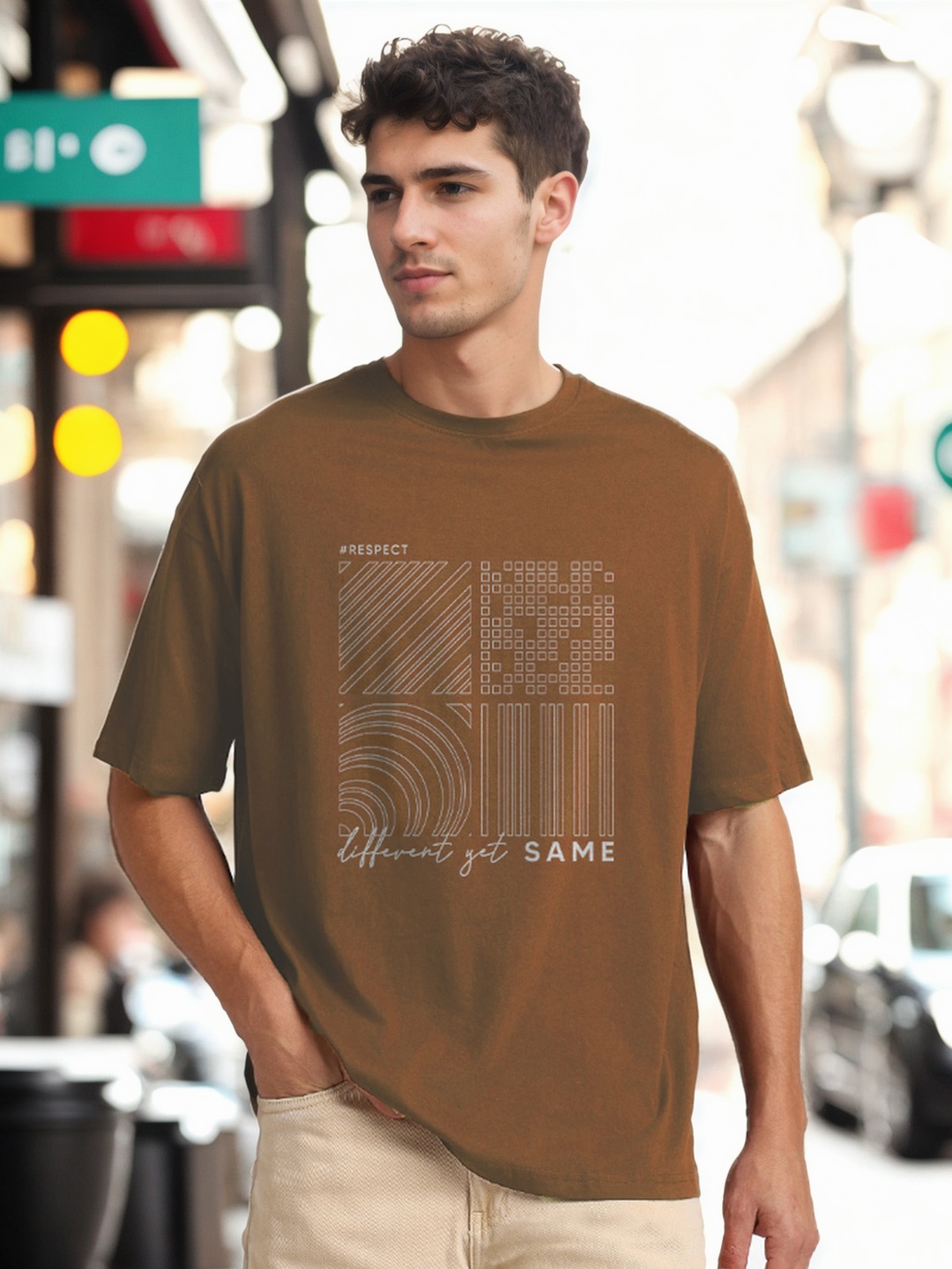 

NOBERO Men Graphic Printed Round Neck Pure Cotton Oversized T-shirt, Brown