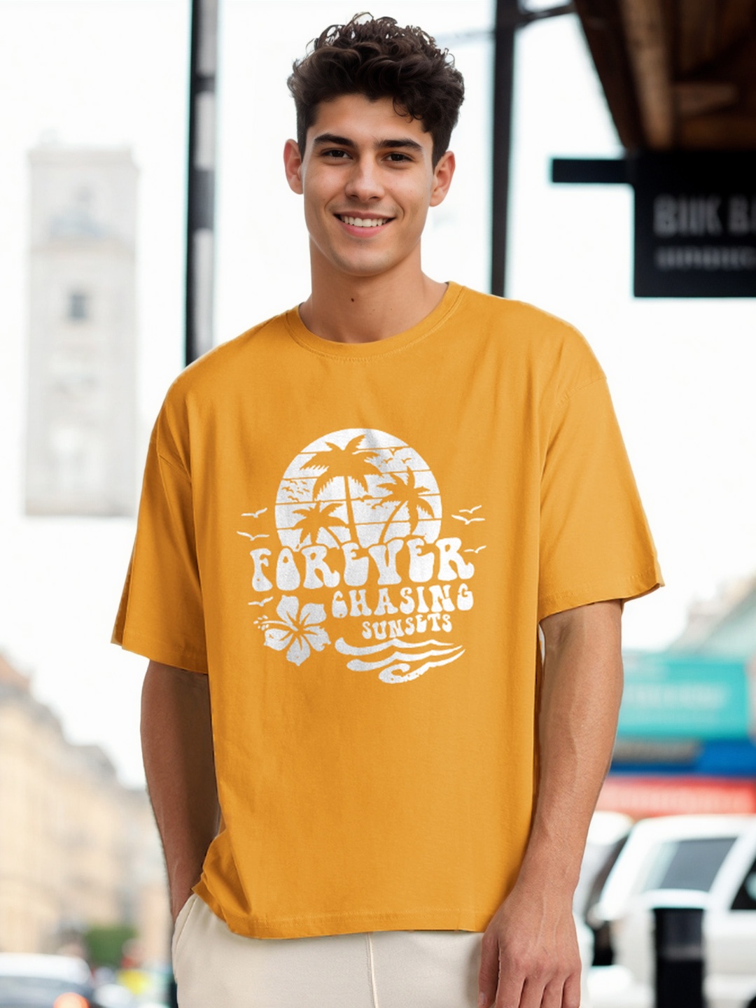 

NOBERO Men Graphic Printed Pure Cotton Round Neck Oversized T-shirt, Yellow