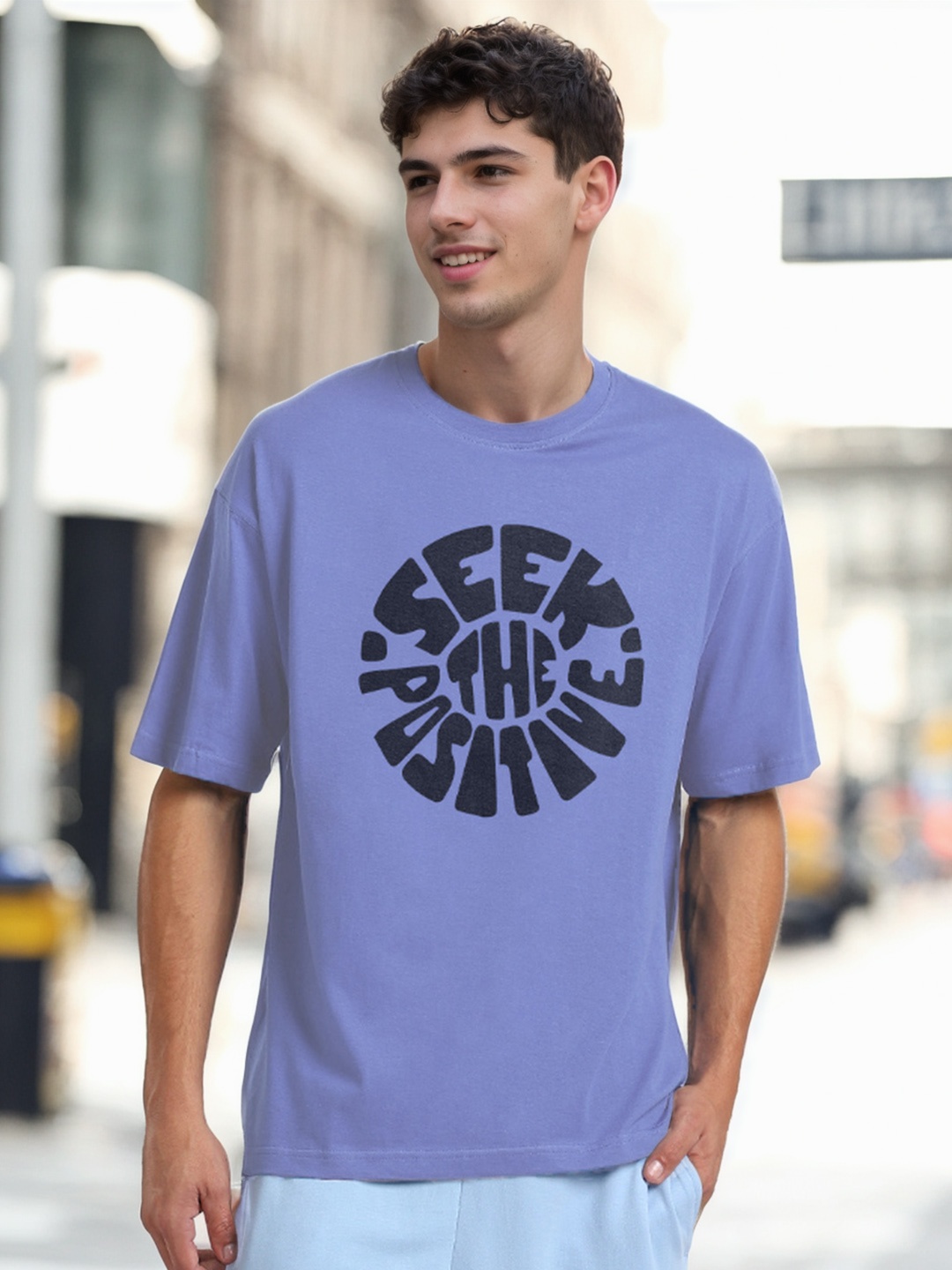 

NOBERO Men Typography Printed Pure Cotton Round Neck Oversized T-shirt, Purple