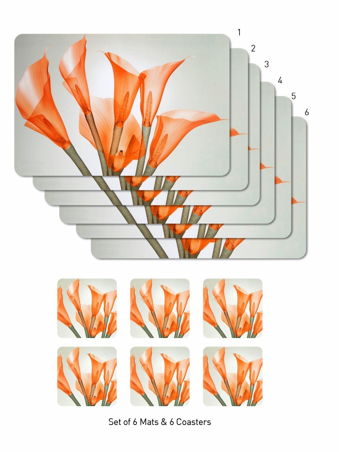 

OBSESSIONS Grey & Orange 12 Pieces Floral Printed Table Placemats& Coaster