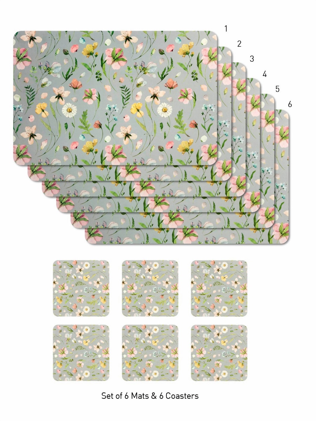 

OBSESSIONS Grey & Green 12 Pieces Printed Rectangular Table Placemats With Coasters