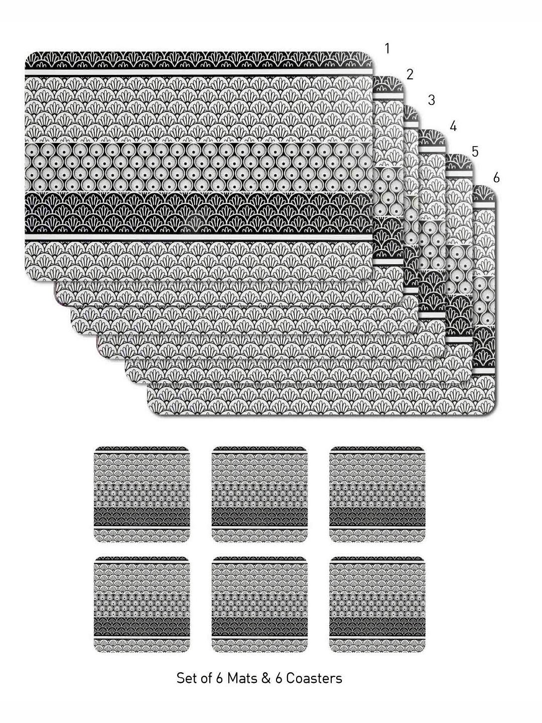 

OBSESSIONS Black & Grey 12 Pieces Printed Rectangular Table Placemats with Coasters