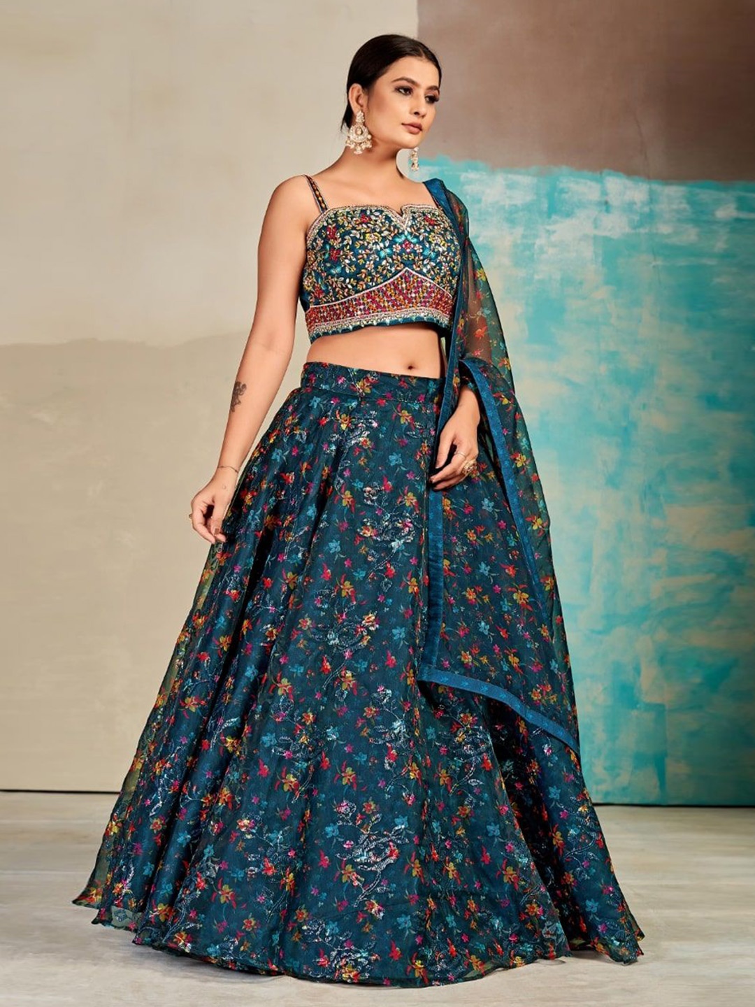 

Fusionic Embroidered Mirror Work Ready to Wear Lehenga & Blouse With Dupatta, Teal