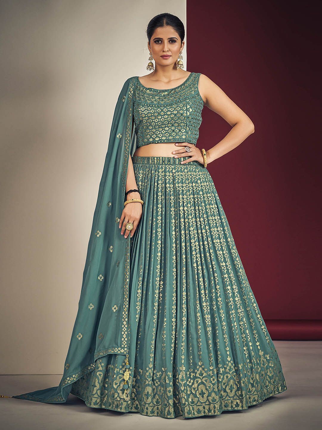 

Fusionic Embellished Mirror Work Ready to Wear Lehenga & Blouse With Dupatta, Teal