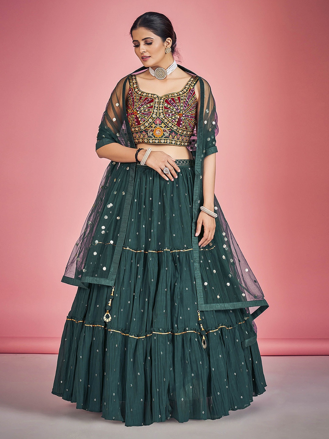 

Fusionic Embroidered Sequinned Ready to Wear Lehenga & Blouse With Dupatta, Green