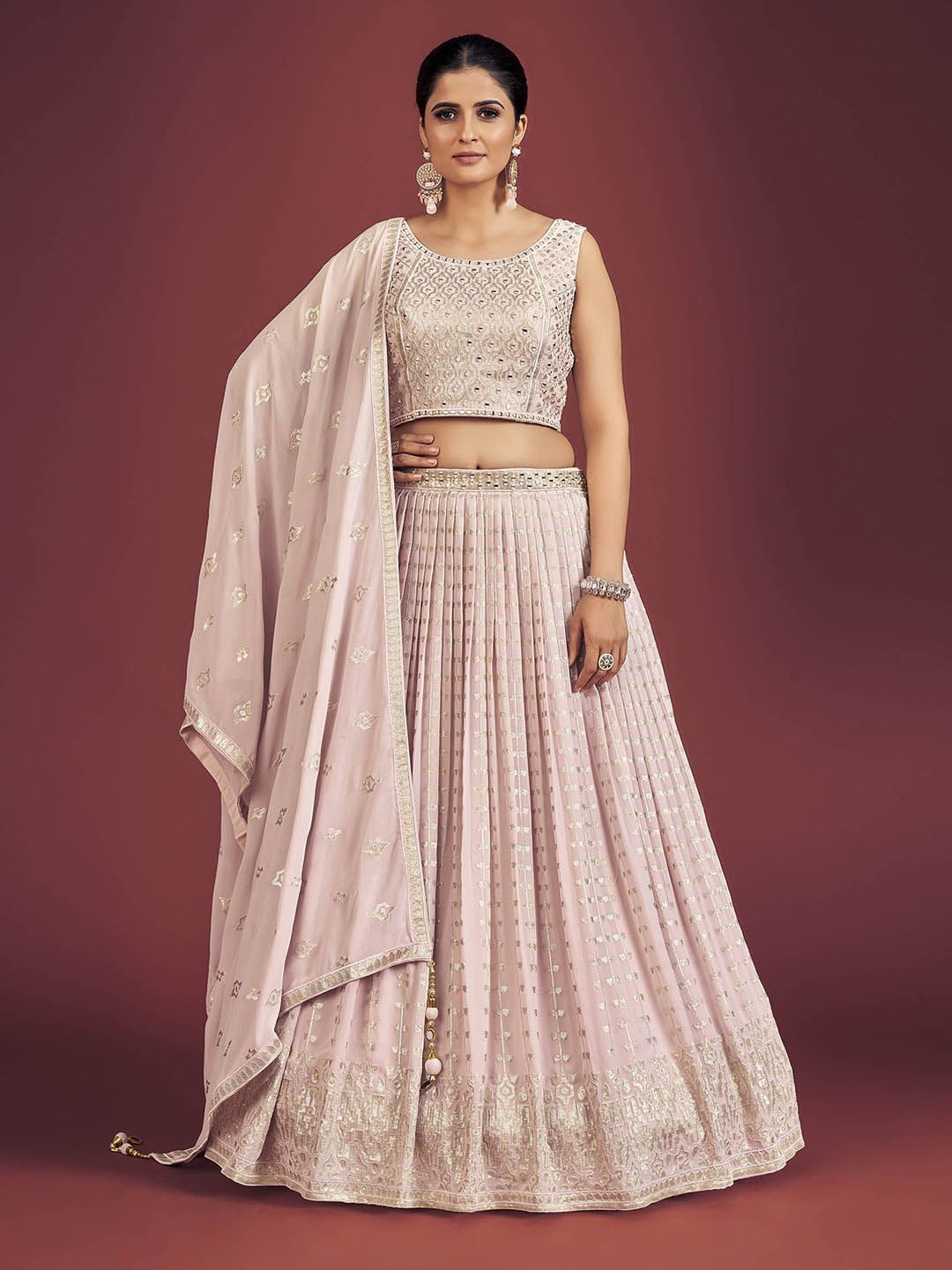 

Fusionic Embellished Sequinned Ready to Wear Lehenga & Blouse With Dupatta, Pink