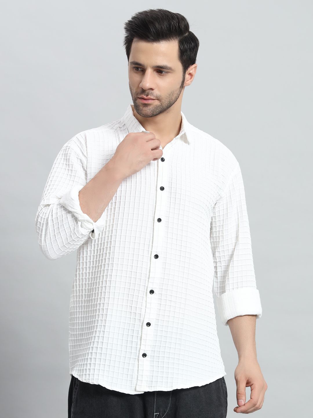 

BAESD Men Classic Grid Tattersall Checks Opaque Casual Shirt, White