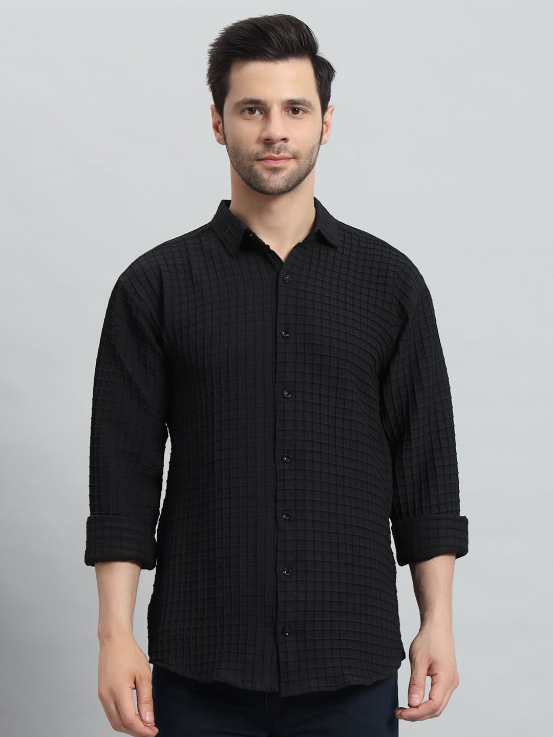 

BAESD Men Classic Grid Tattersall Checks Casual Shirt, Black