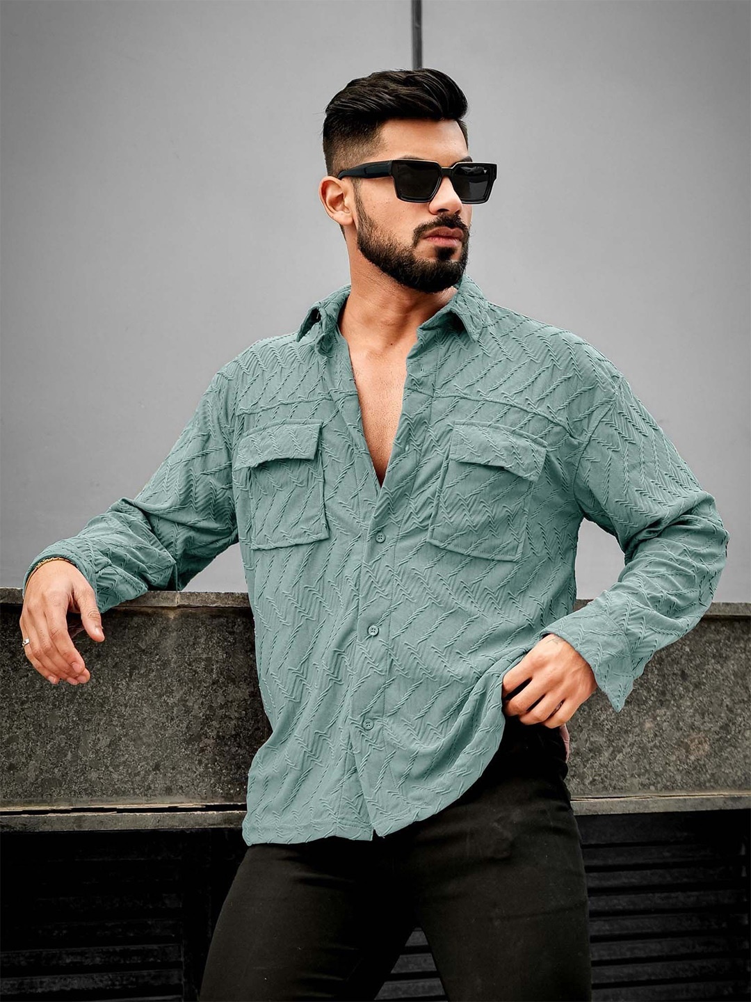 

Maniac Men Spread Collar Comfort Self Design Oversized Shirt, Green