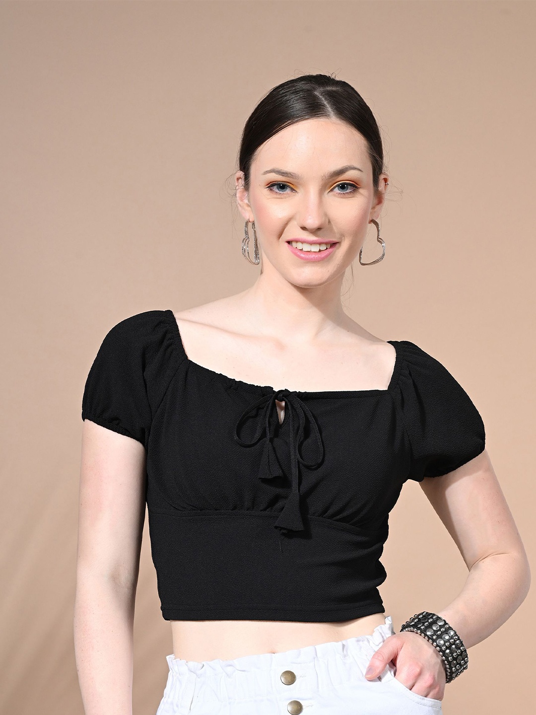 

IUGA Tie-Up Neck Puff Sleeve Crop Top, Black