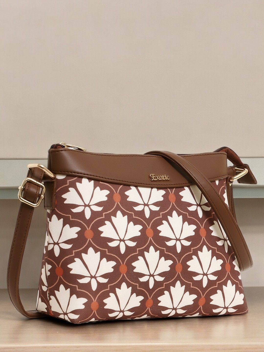 

Exotic Women Floral Printed Sling Bag with Cut Work, Brown