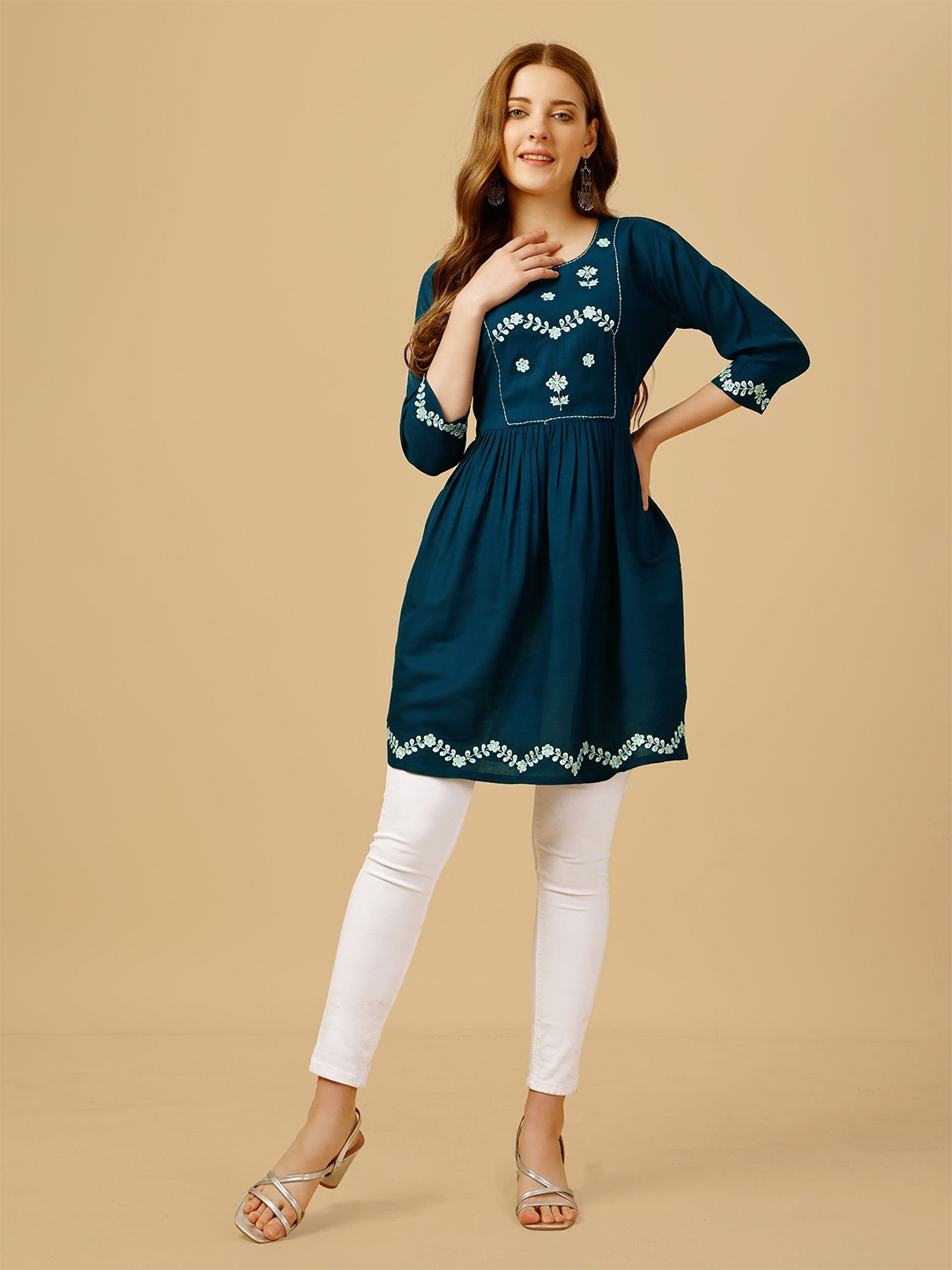 

Rujave Women Embroidered Three-Quarter Sleeves A-Line Top, Blue