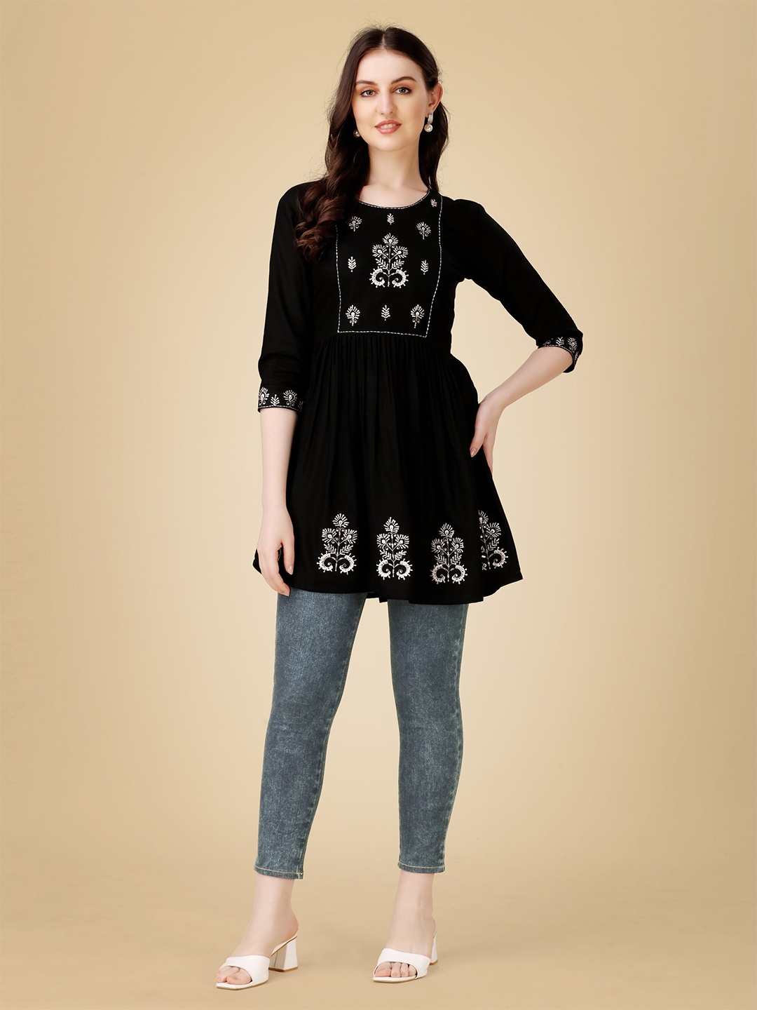 

Rujave Women Ethnic Motifs Embroidered A-Line Top, Black