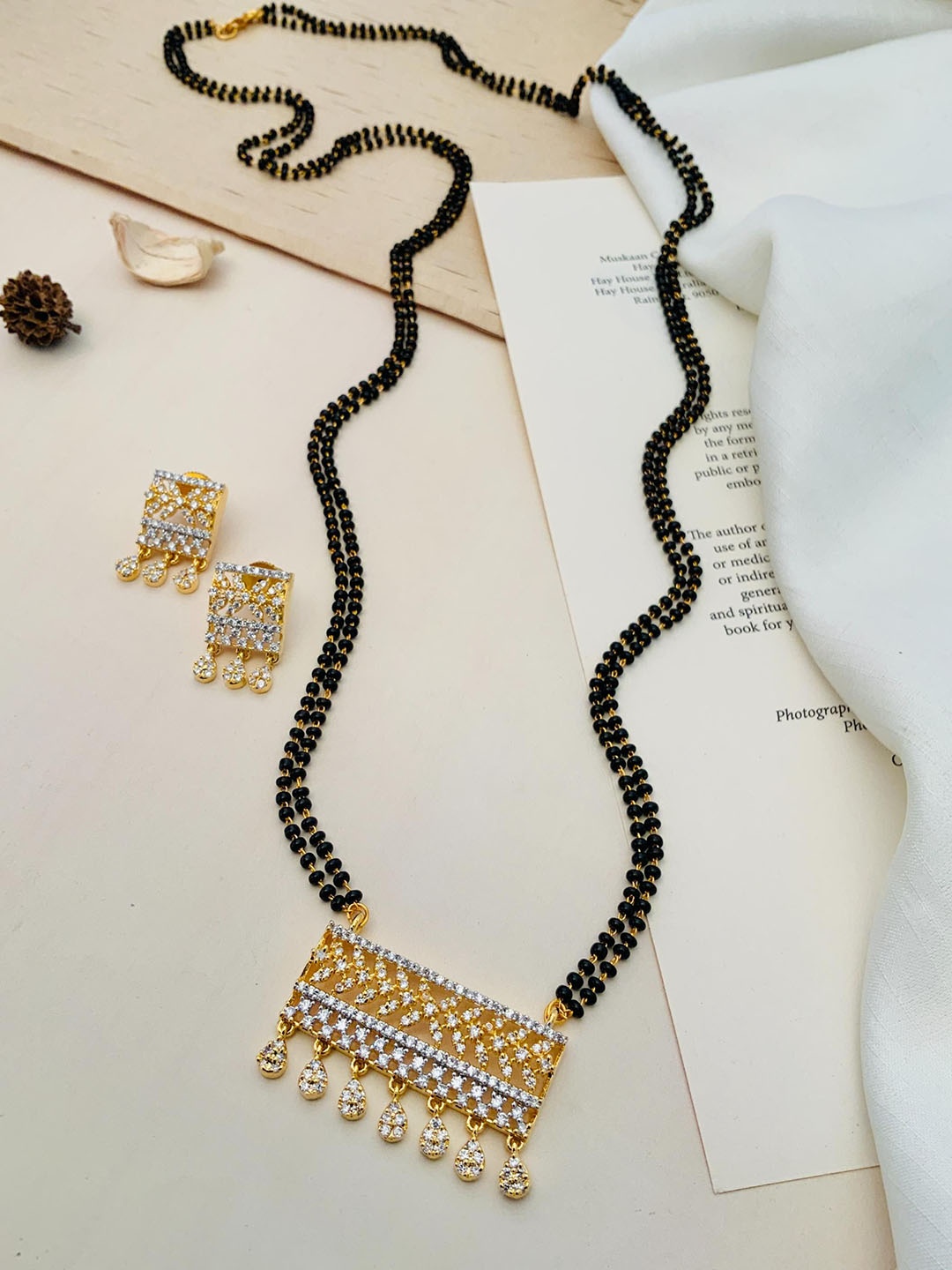 

ABDESIGNS Gold-Plated Artificial Stones And Beads Mangalsutra With Earrings