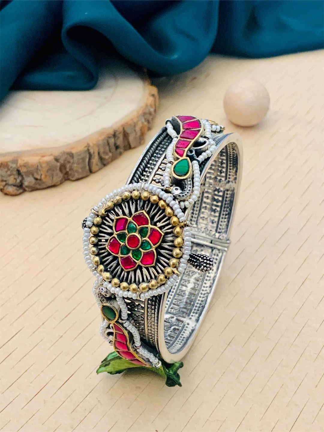 

ABDESIGNS Silver Plated Artificial Stones And Beads Cuff Bracelet