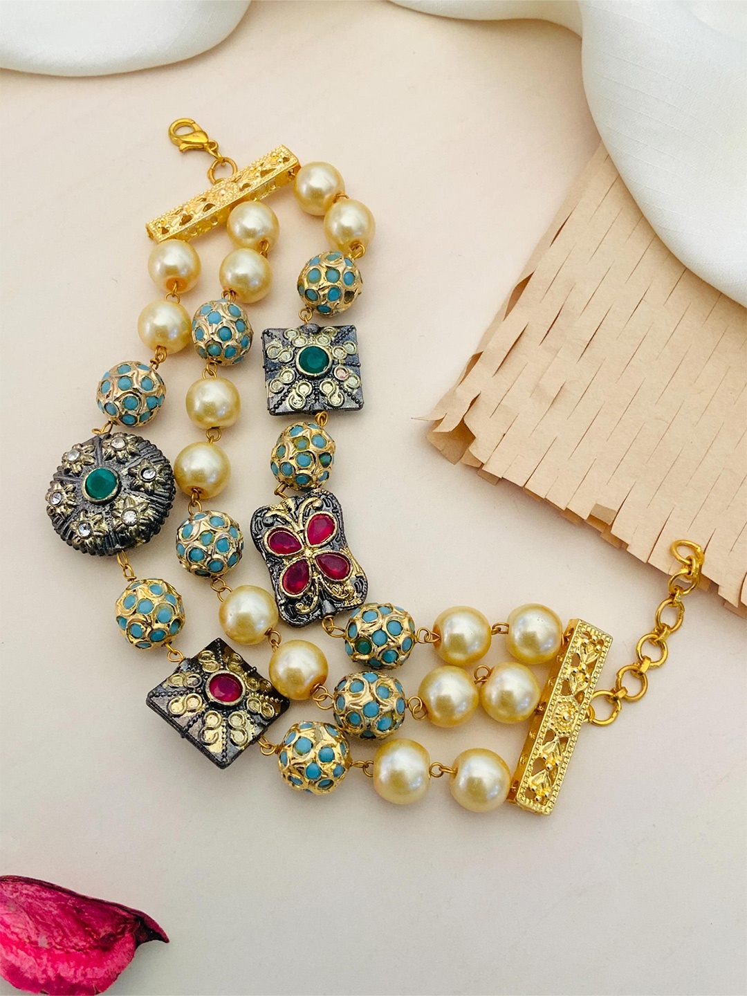 

ABDESIGNS Silver-Plated Artificial Stones and Beads Link Bracelet, Gold