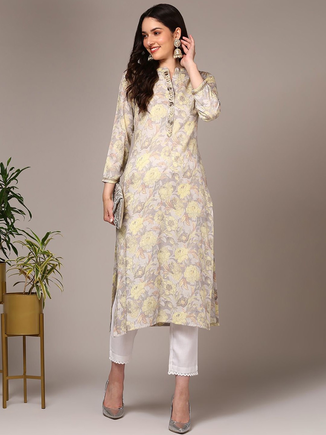 

KALINI Floral Printed Mandarin Collar Thread Work Kurta, Grey