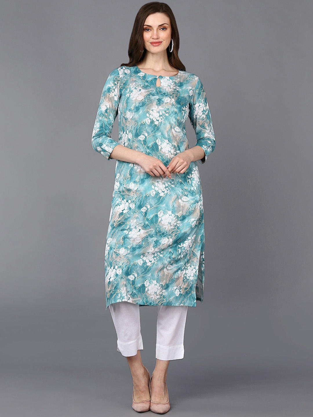 

KALINI Floral Printed Keyhole Neck Straight Kurta, Turquoise blue
