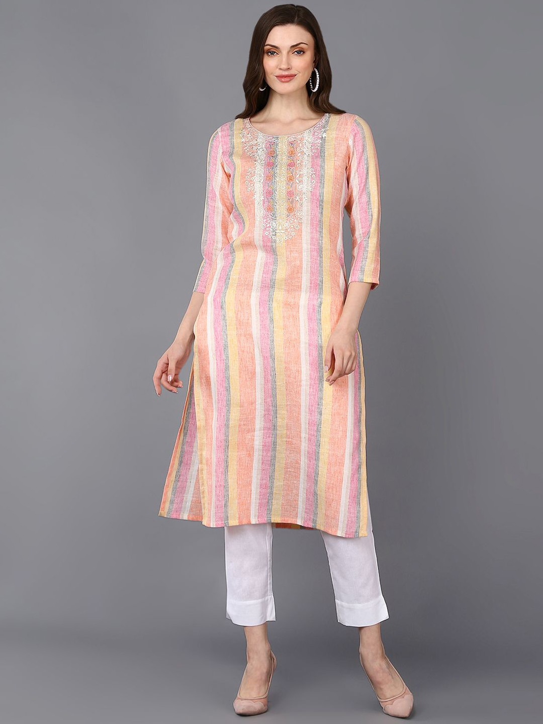 

KALINI Striped Thread Work Cotton Kurta, Cream