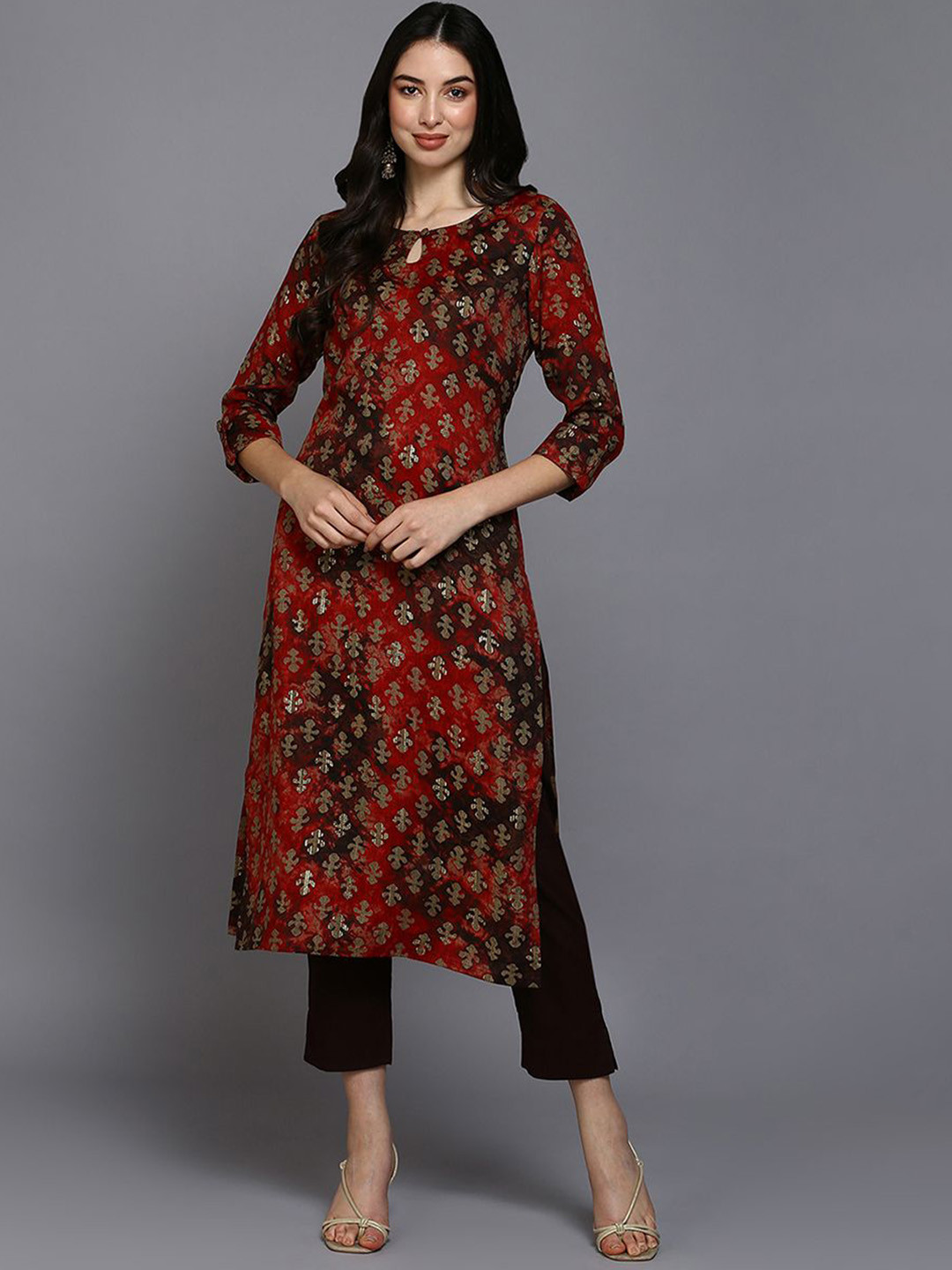 

KALINI Floral Printed Keyhole Neck Silk Blend Straight Kurta, Red