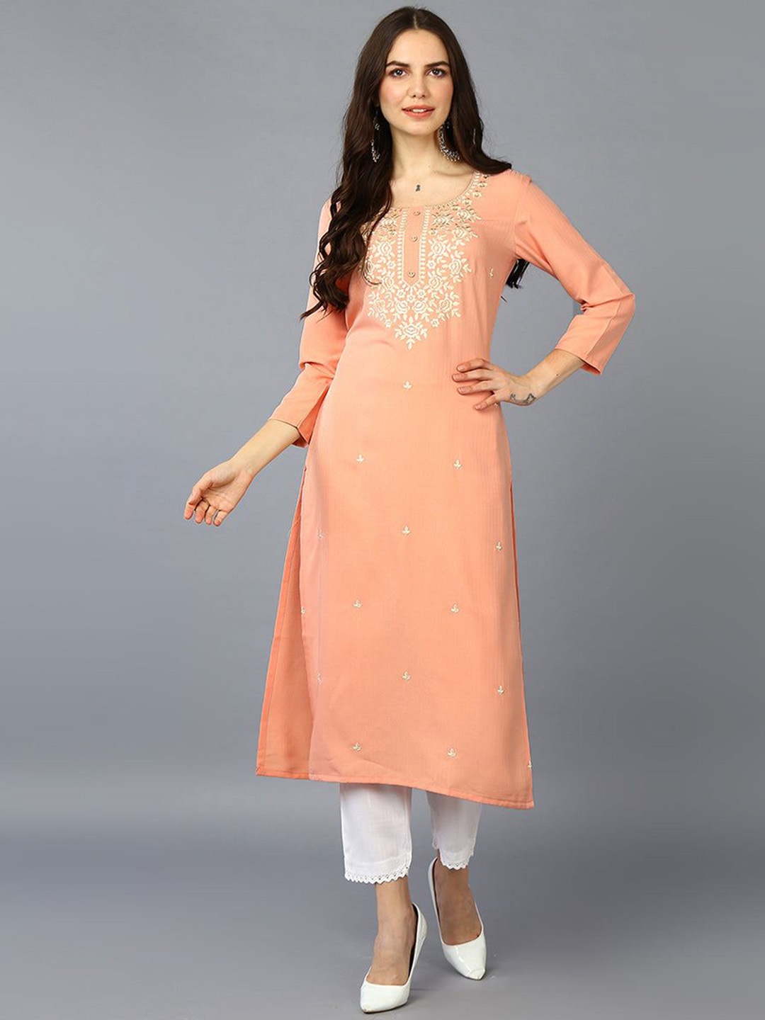 

KALINI Floral Embroidered Round Neck Thread Work Kurta, Peach