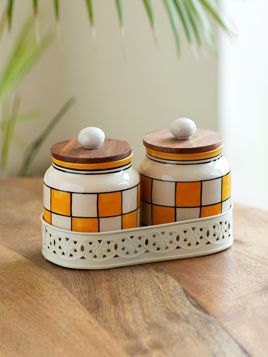 

ExclusiveLane Shatranj Checkered Yellow & White 3 Pieces Printed Jars With Tray