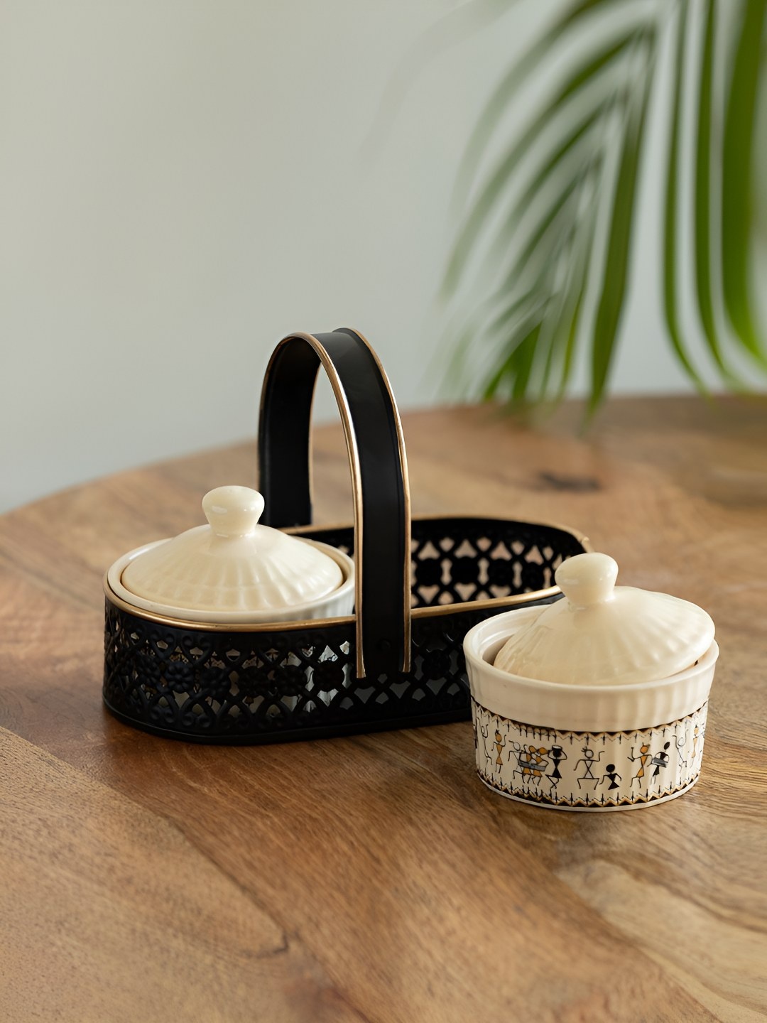 

ExclusiveLane Whispers of Warli White & Black 3 Pieces Printed Jar With Holder 160ml