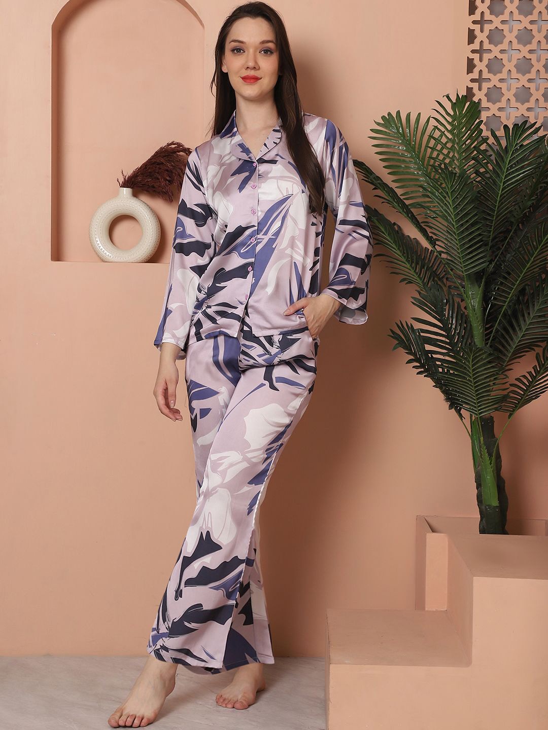 

Claura Lapal Collar Floral Printed Night suit, Mauve