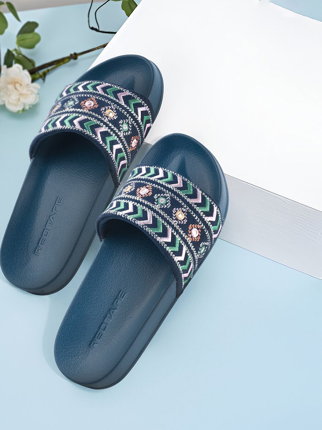 

Red Tape Women Self Design Sliders, Navy blue