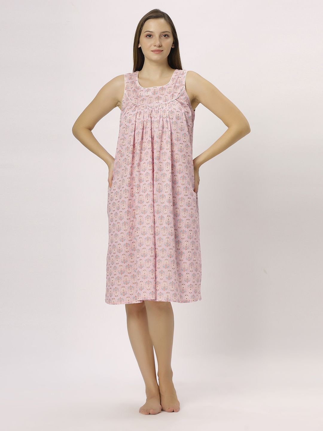 

ETC Printed Round Neck Sleeveless Pure Cotton Nightdress, Pink