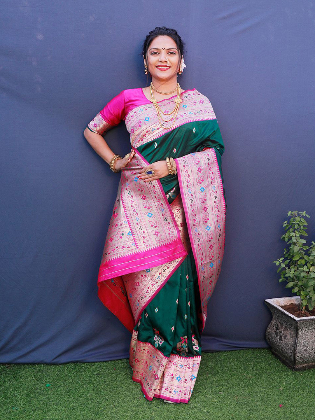 

Anouk Woven Design Zari Pure Silk Paithani Saree, Green