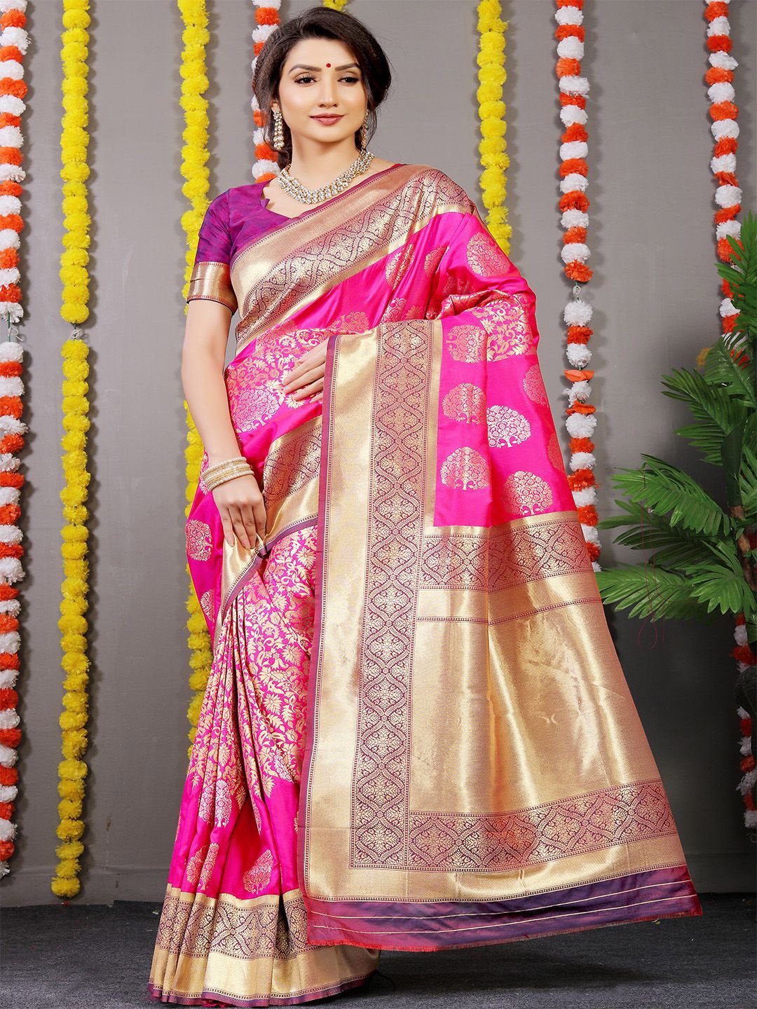 

Anouk Ethnic Motifs Woven Design Zari Pure Silk Paithani Saree, Pink