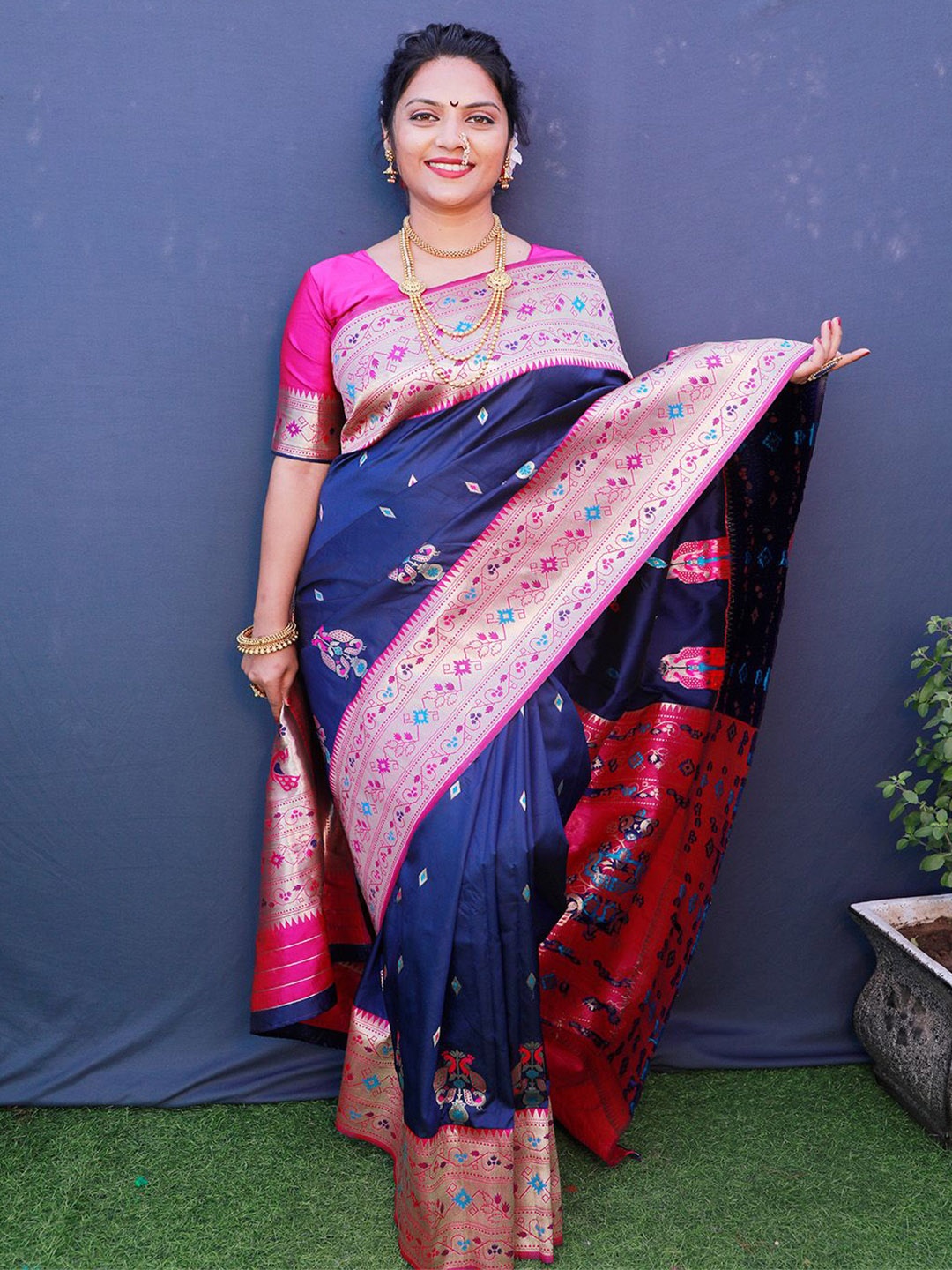 

Anouk Woven Design Zari Pure Silk Paithani Saree, Navy blue