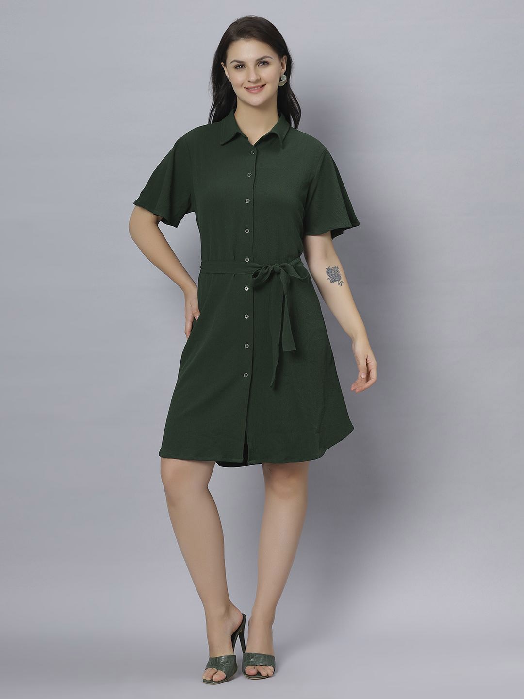 

Chemistry Shirt Collar Bell Sleeves Shirt Dress, Green